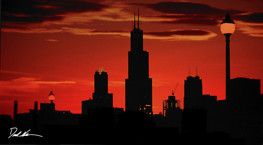 red sky behind city