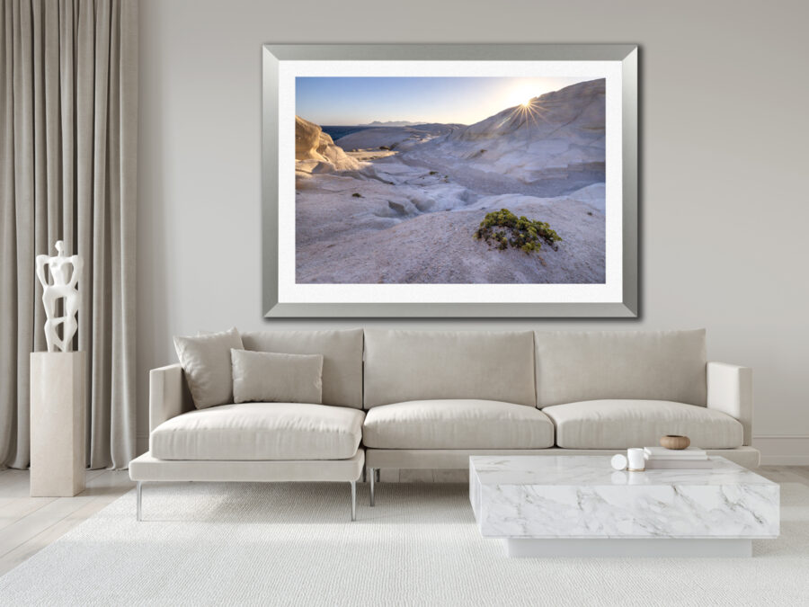 image of a large fine art landscape photo from Greece displayed in the living room of a modern home