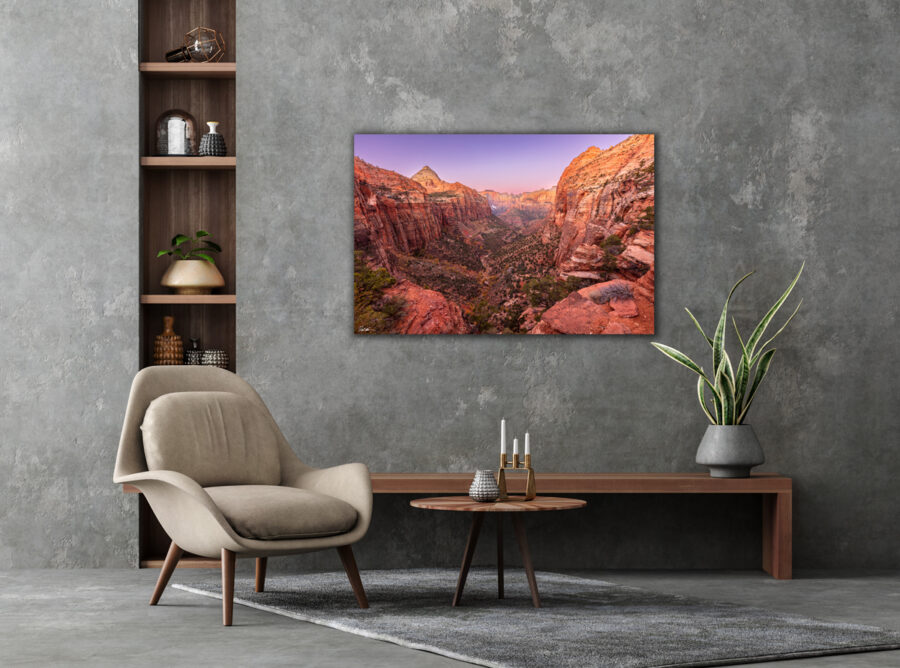 large unframed image of Zion National Park displayed in the living room of modern home