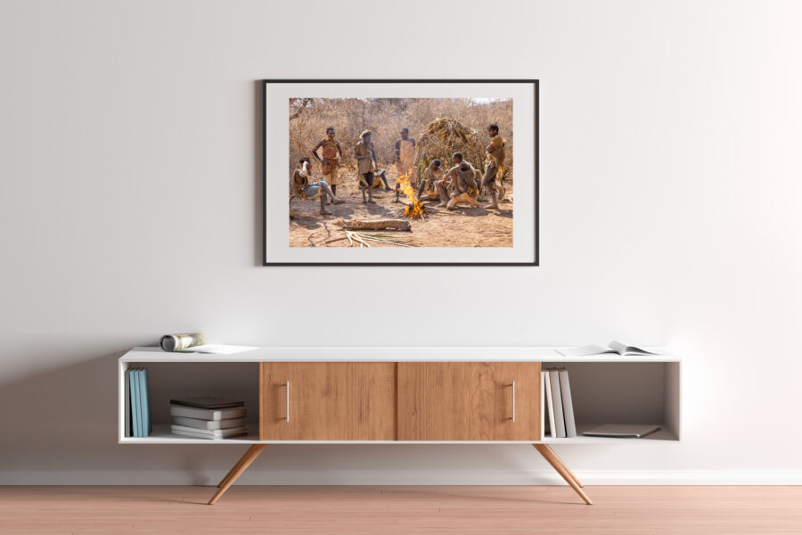 framed fine art print of the Hadzabe tribe of Tanzania displayed in a modern home printed by professional photographers