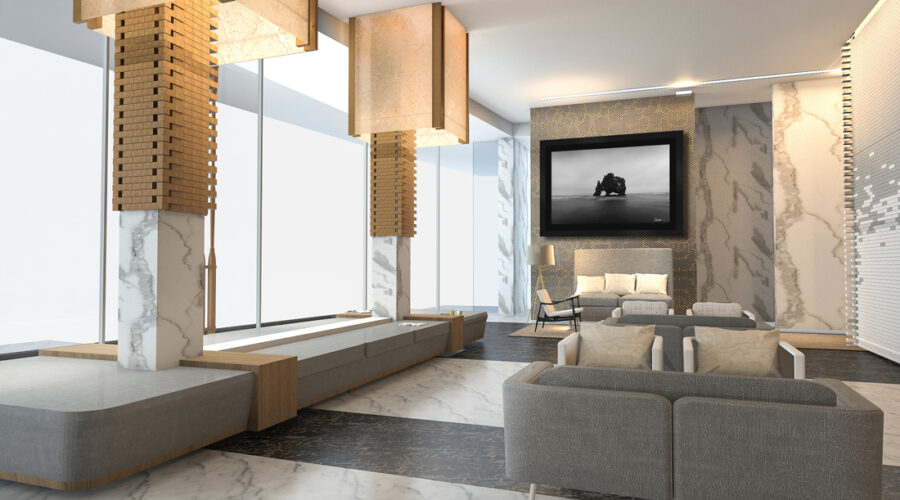 image of a hotel lobby with framed black and white fine art photography enhancing the hospitality interior design