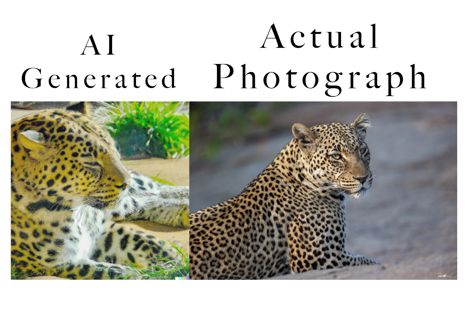 image comparison of an AI generated leopard photograph and an actual leopard photograph