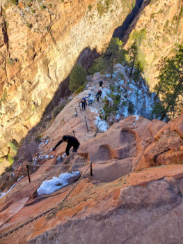 view looking down the dangerous trail of Angles Landing in Zion National Park