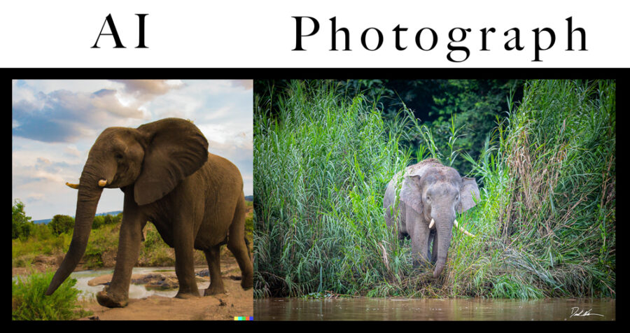image comparing an AI generated elephant image and a real photograph of an elephant