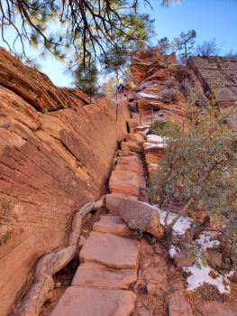 view looking up a dangerous part of Angles Landing hiking trail in Zion National Park