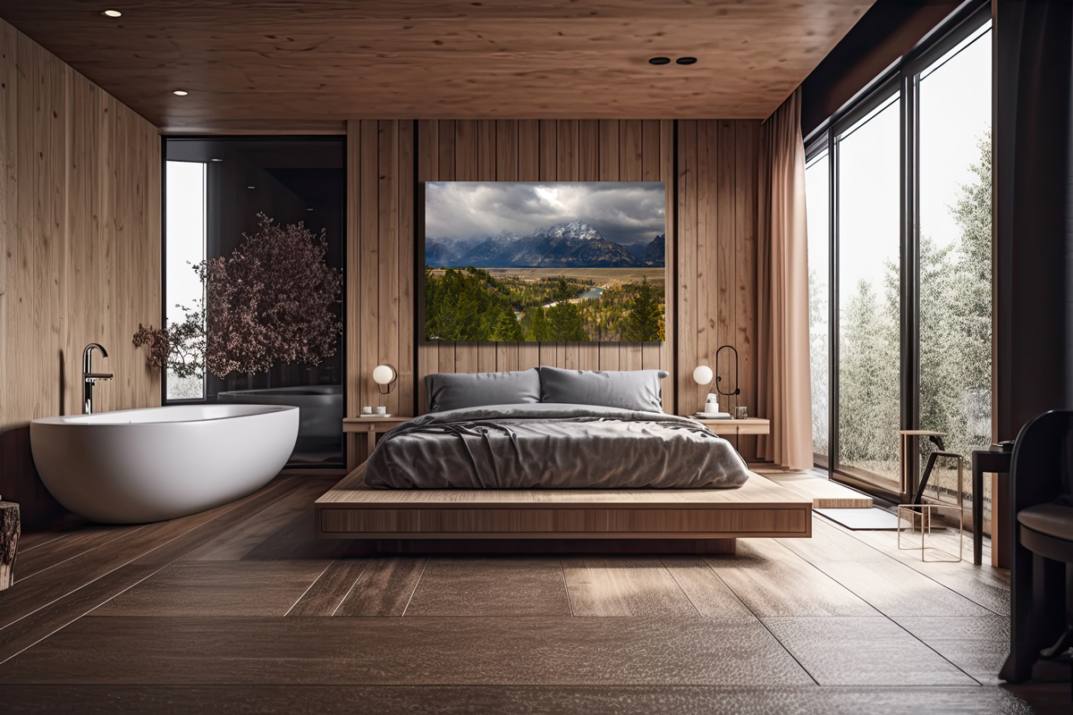 image of the Grand Teton National Park displayed in a luxury hotel room in the mountains