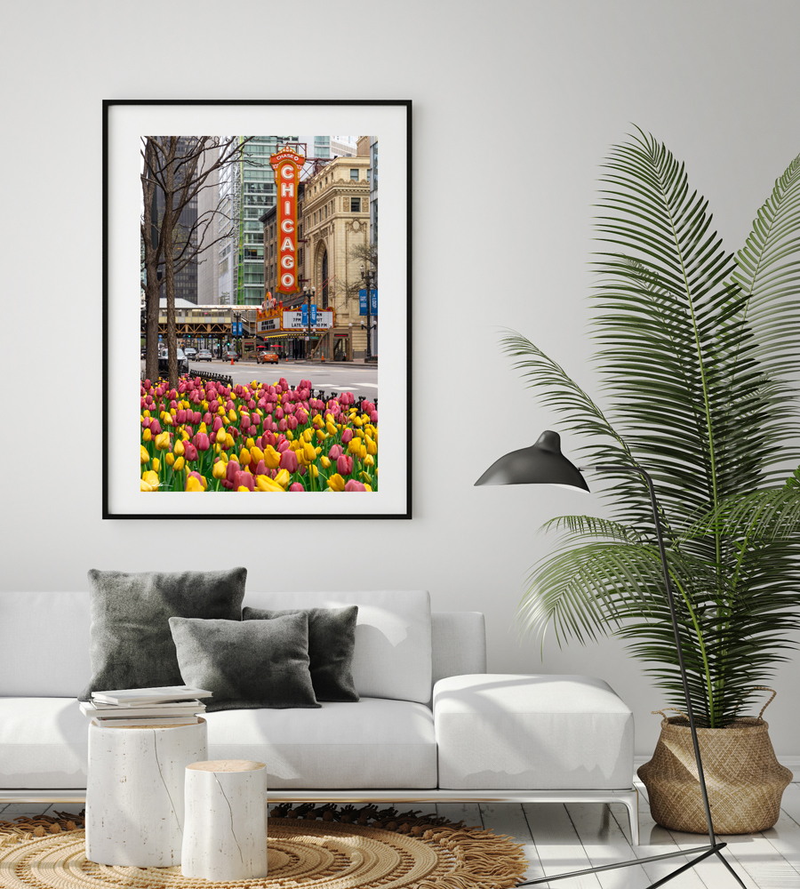image of a framed print of tulips on state street in Chicago displayed in the living room of luxury home