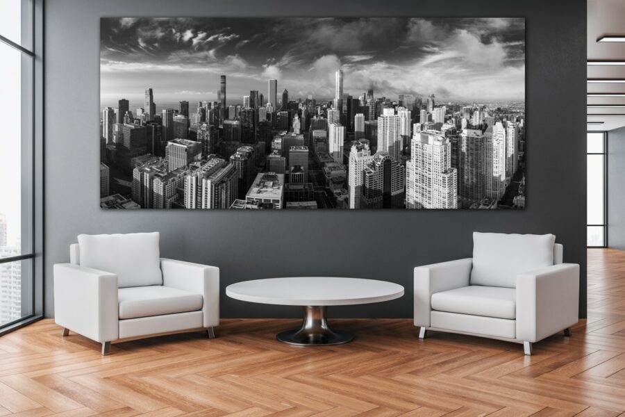 Black and white photo of chicago taken from above the city displayed in the lobby of a luxury office building