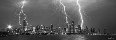 image of a large storm over the skyline of Chicago in black and white