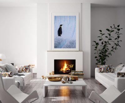 Mock up poster in modern home interior with fireplace Scandinav