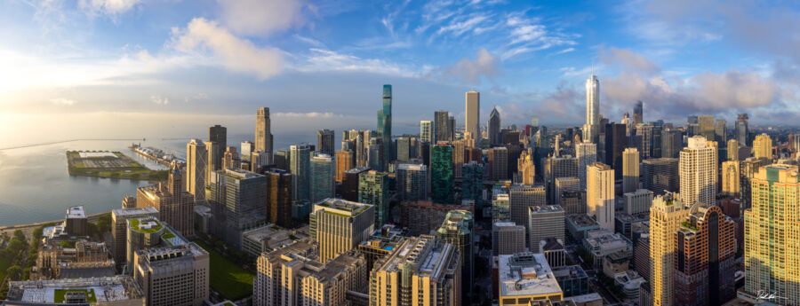 Panoramic Image of Chicago taken high above the city during sunrise