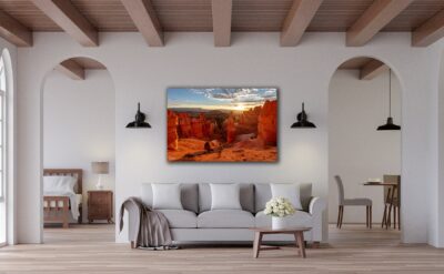 large unframed fine art print of Bryce Canyon displayed in the living room of a southwestern home
