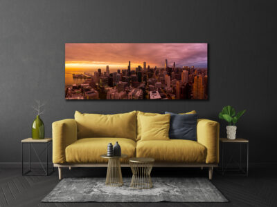 Large unframed panoramic fine art print of Chicago from high above the city during sunrise