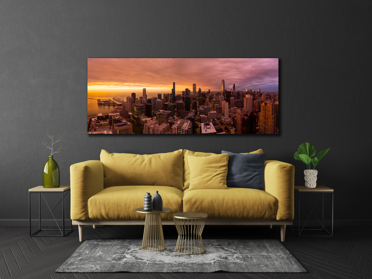 Large unframed panoramic fine art print of Chicago from high above the city during sunrise