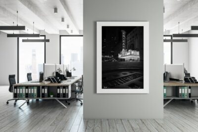 Black and white image of state street in Chicago displayed in the hallway of an office building