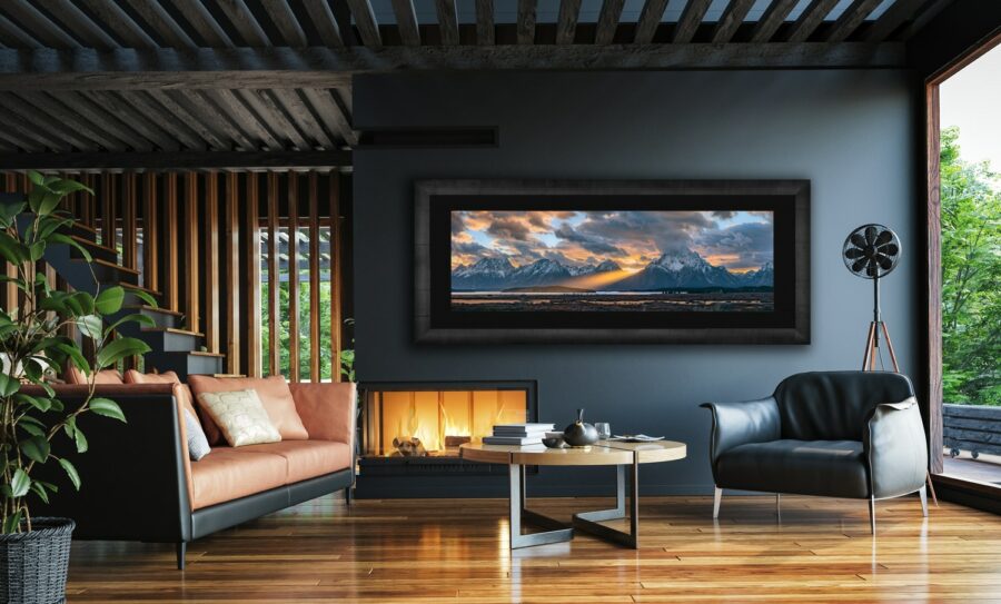 Large fine art photograph of the grand tetons displayed in the living room of a modern home