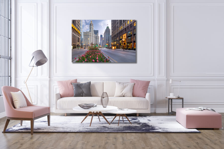 magnificent mile unframed fine art photo displayed in a modern living room interior design