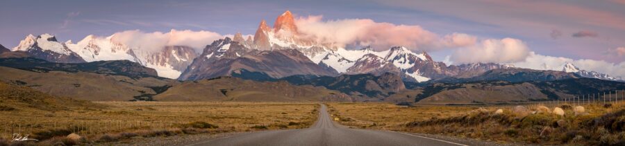 large panoramic image of Mount Fitz Roy in Patagonia during sunrise