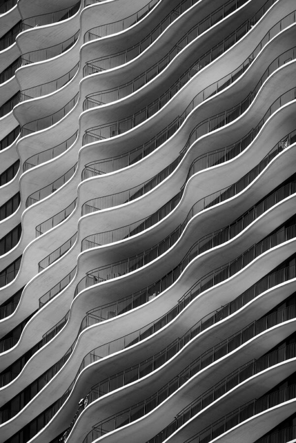 Black and white fine art image of the Aqua building by famous architect Jeanne Gang