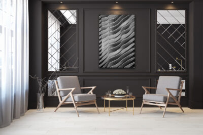 Unframed black and white image of the Aqua building in Chicago displayed in the formal living room of modern home