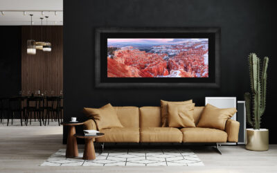 Large framed fine art print of Bryce Canyon displayed in the living room of modern Southwest home