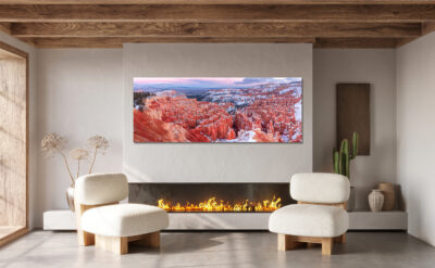Large unframed fine art print of Bryce Canyon displayed in the living room of luxury home