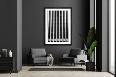 Framed black and white print of the Aon Center in Chicago displayed in the living room of modern house