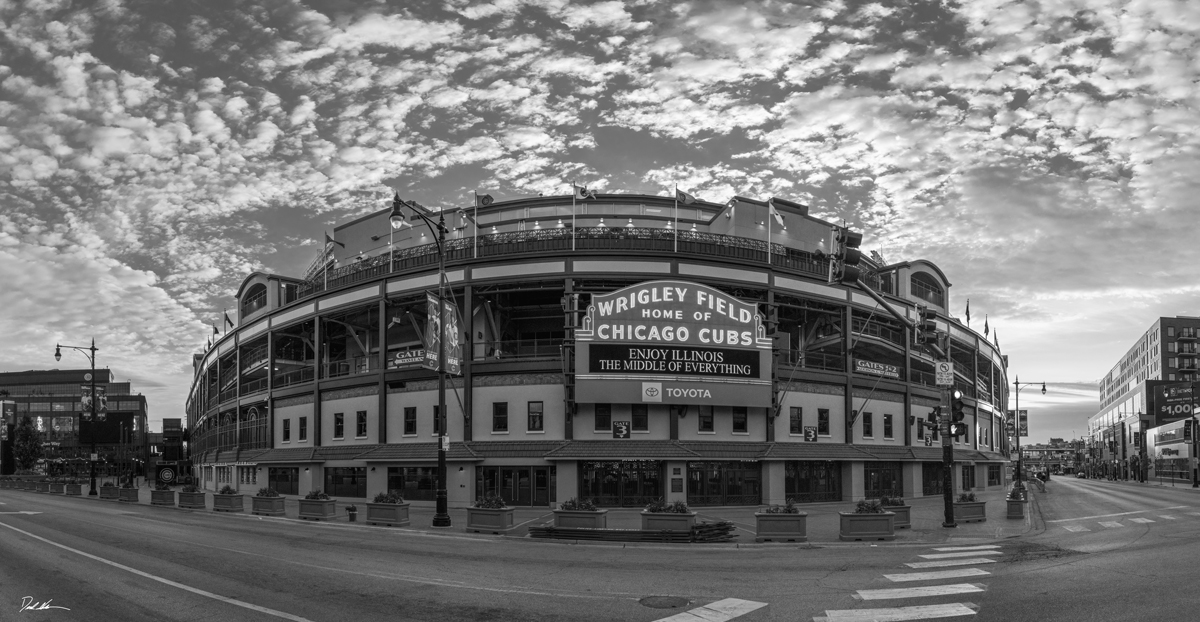 Black and white image of Wrigley Field in Chicago taken during sunrise