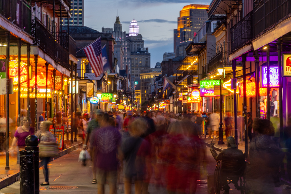 image of Bourbon Street in New Orleans taken at night with a long exposure