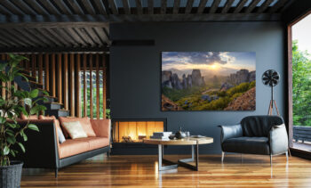 Large unframed lumachrome acrylic print displayed in the living room of a rustic modern home
