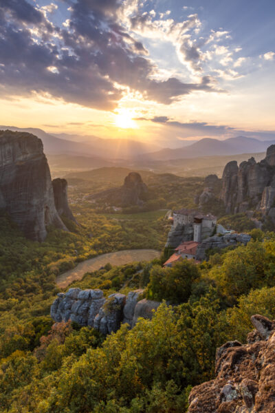 vertical image of Meteora in Greece during sunset