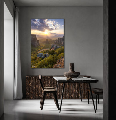 Large unframed lumachrome fine art print of Meteora in Greece displayed in the dining room of a modern home