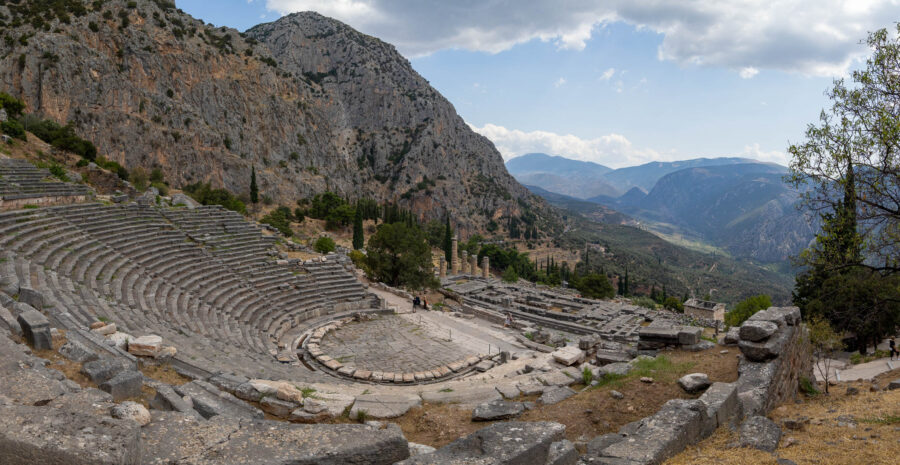 Large panoramic image of Delphi located in Greece showing the ancient amphitheater looking over the mountains 