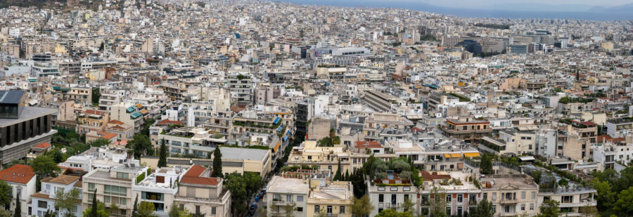 image of the Greek city of Athens taken high above the city showing the density of the city