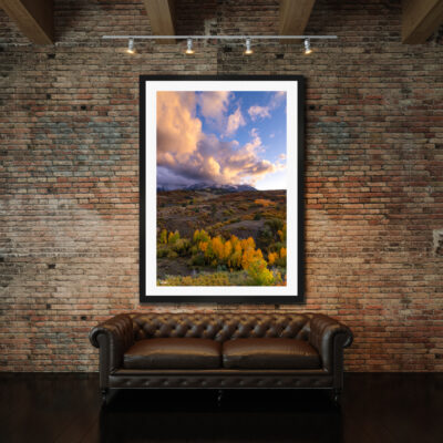 large framed fine art photo of the Dallas Divide during sunset displayed in a fine art gallery