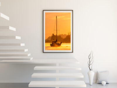 limited edition fine art print of Langley Harbor in Washington displayed on the staircase of a modern home
