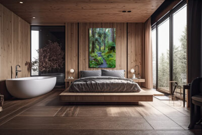 Large unframed image of a forest in Olympic National Park displayed above a bed in a luxury hotel