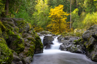 landscape image of a waterfall during fall near the Sol Duc Campground Olympic National Park