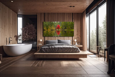 Large unframed panoramic print of a red maple tree displayed in a modern hotel