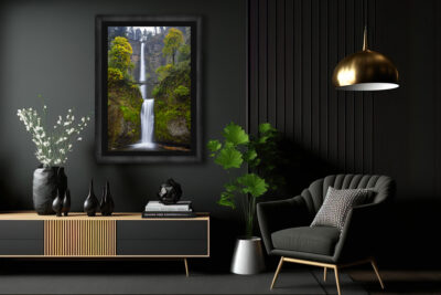 Large framed fine art lumachrome print of Multnomah Falls in Oregon displayed in the living room of a modern home