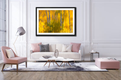 large framed image of a reflection of aspen trees off a lake displayed in the living room of a luxury home