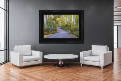 large framed fine art print of a winding mountain road during fall displayed in the a office building