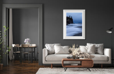 large framed fine art print of Ruby Beach in Olympic National Park displayed in the living room of a modern home