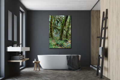 large unframed fine art print of moss covering a tree in Olympic National Park displayed above a bathtub of a luxury bathroom