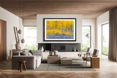 Large framed fine art print of a deer in front of aspen trees near Telluride, Colorado displayed in the living room of a luxury home
