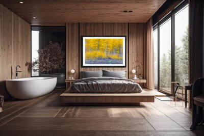 large framed photo of a deer in front of aspen trees in Telluride, Colorado, displayed in the bedroom of a modern luxury hotel