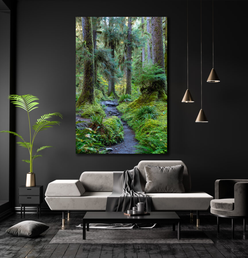 large unframed print of the forest in Olympic National Park displayed in the living room of a luxury apartment