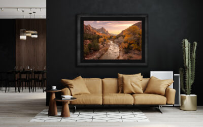 large framed fine art print of the watchman in Zion National Park displayed in the living room of luxury southwest home