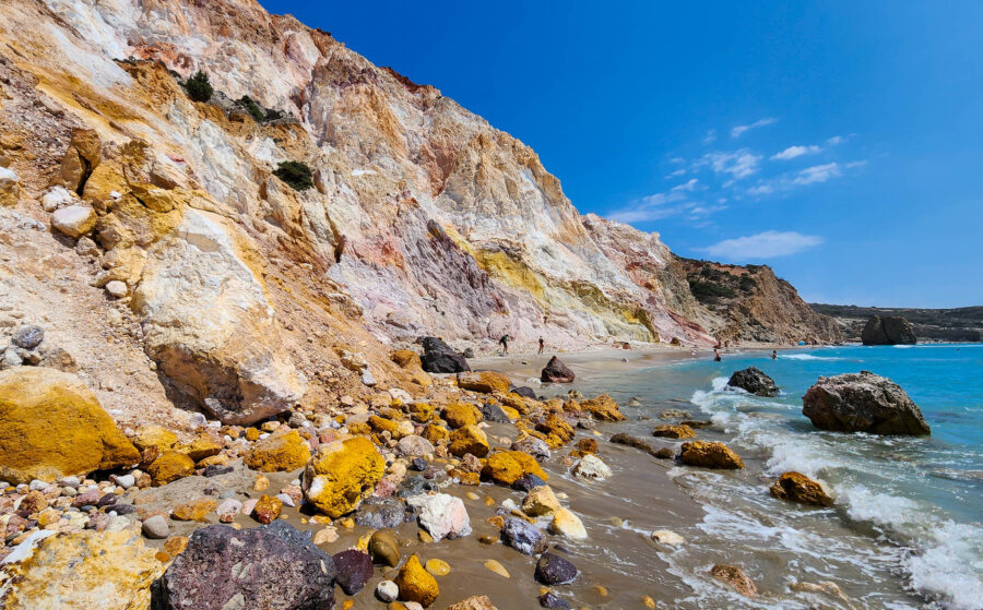 image of Fyriplaka Beach in Milos Greece with bright colors in the rocks and deep blue in the sky and water