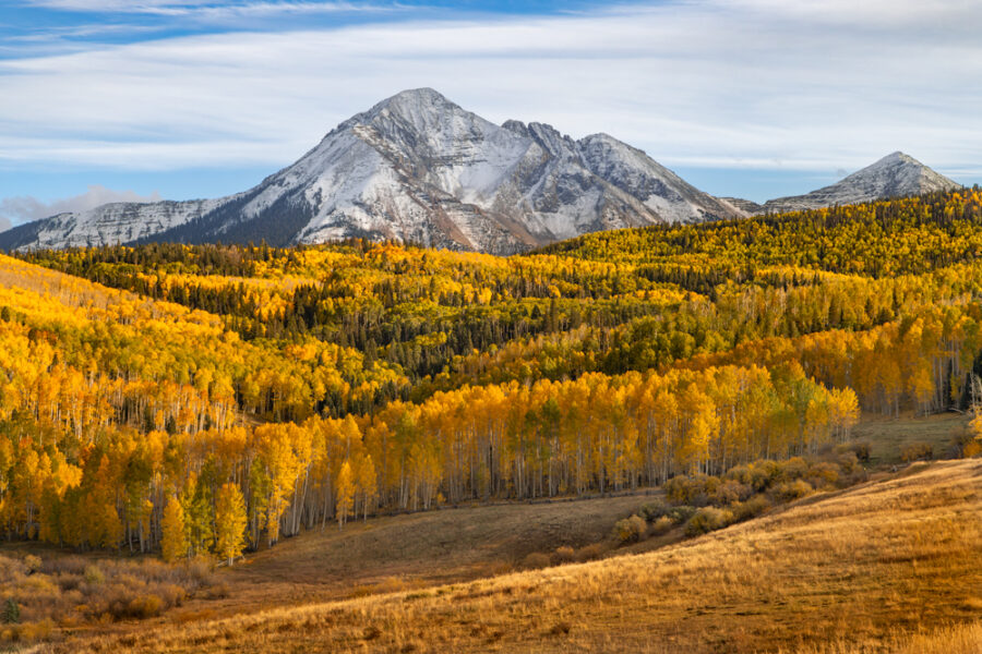 photo of Mount Wilson near Telluride Colorado with peak fall colors on the aspen trees